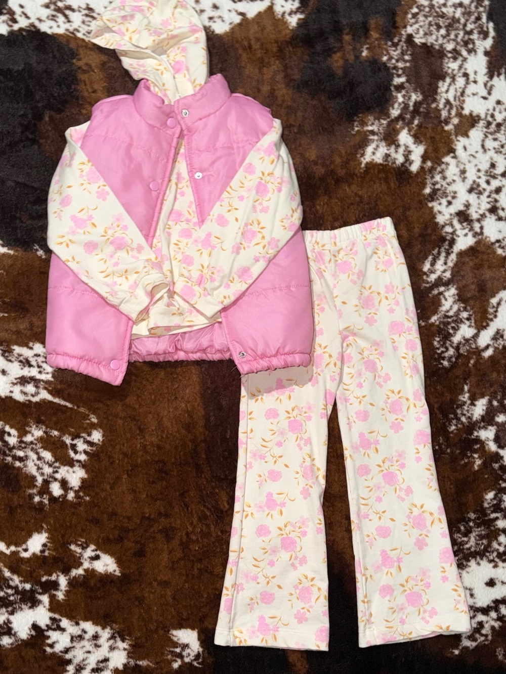 Nicole Miller Pink Floral Hoodie and Pink Puffer Vest Set